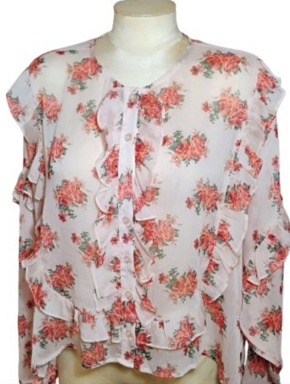 Vintage Y2K Sheer floral blouse Womens S Pink Ruffled Hi Low button up Romantic